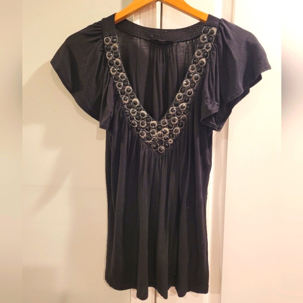 Soprano Black V-neck Short Sleeved Top with Flutter Sleeves and Gems